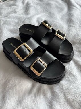Madden Girl Black Double-Strap Platform Slide Sandals with Gold Buckles